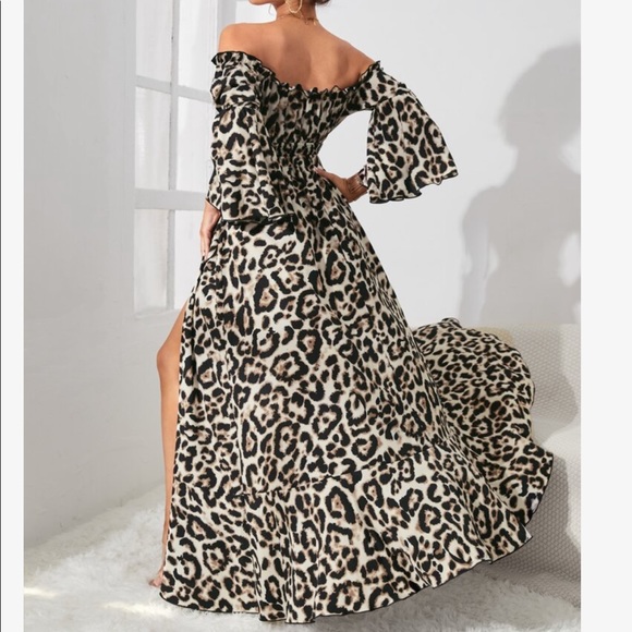 Boho Leopard Print Off Shoulder Slit Maxi Smocked Waist Dress - Picture 3 of 6